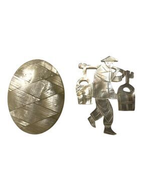 Vintage Undle Mother-of-Pearl Oval Scarf Clip & Brooch, Riceman in the Field.